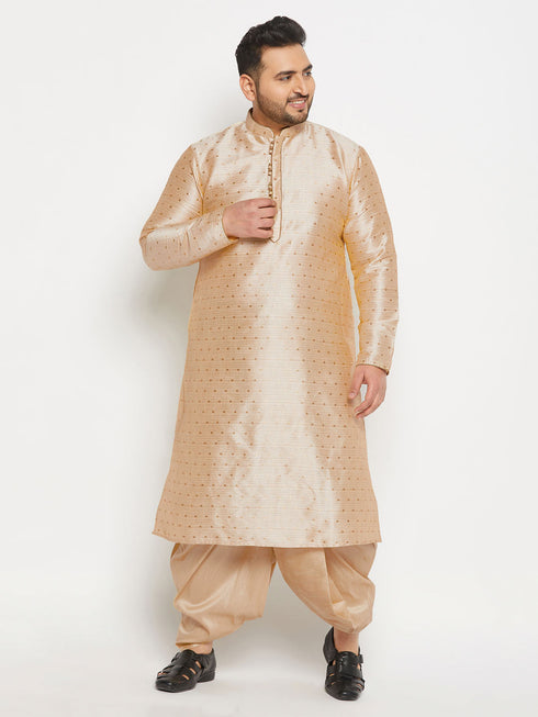 Vastramay Men's Plus Size Gold Zari Weaved Kurta Dhoti Set